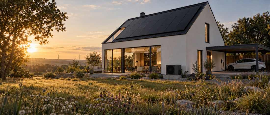 Modernes Haus mit Photovoltaik auf dem Dach im Abendlicht
